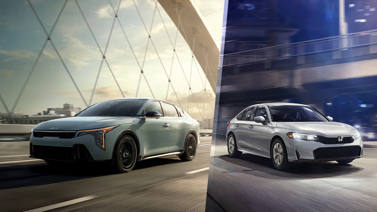 split screen with two images of 2026 Kia K4 and a Honda Civic