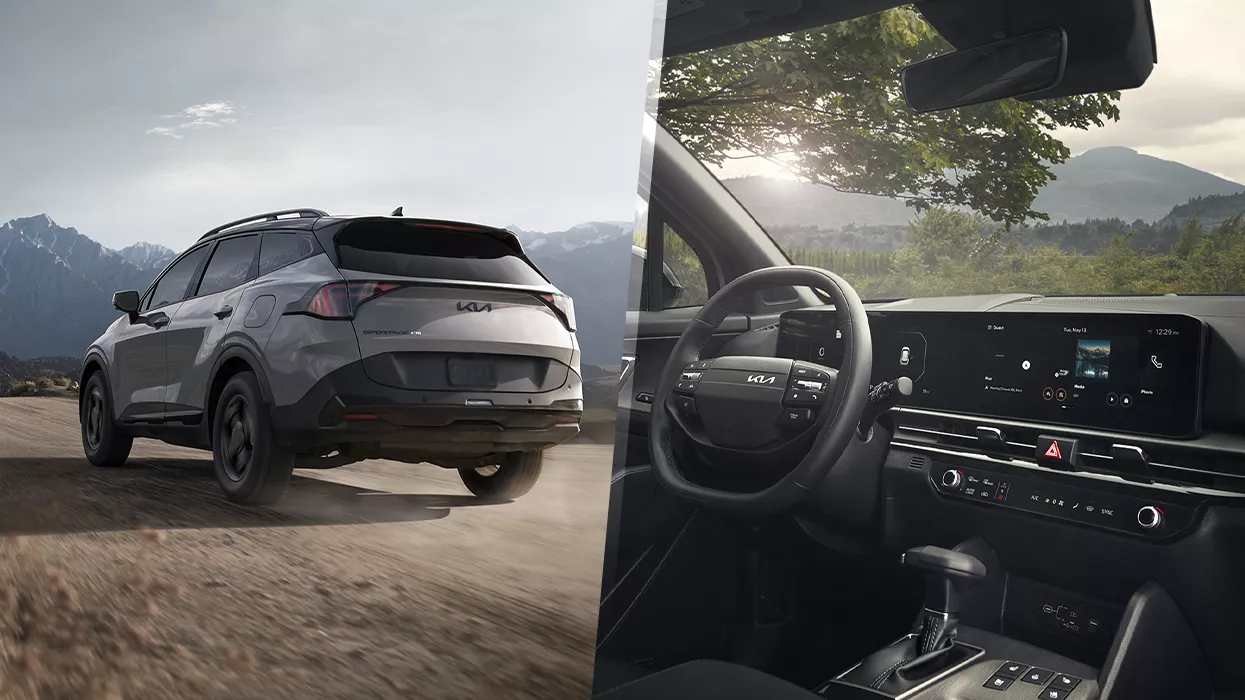 Image of a 2026 Kia sportage driving on a dirt road and an image of the interior of a 2026 kia sportage side by side