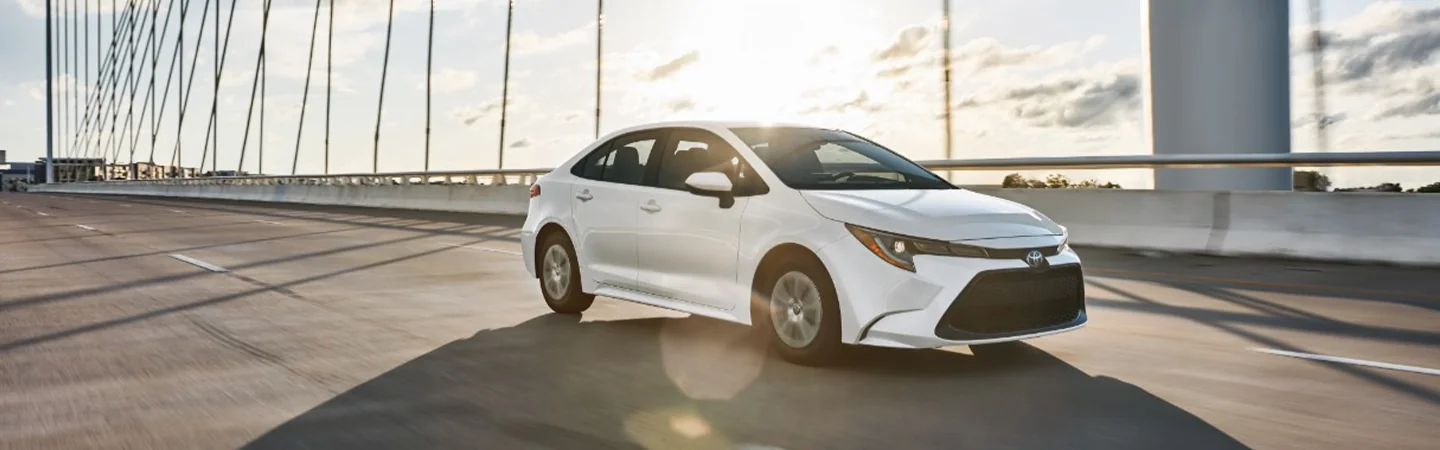 2025 Toyota Camry vs Toyota Corolla white color car stand on bridge