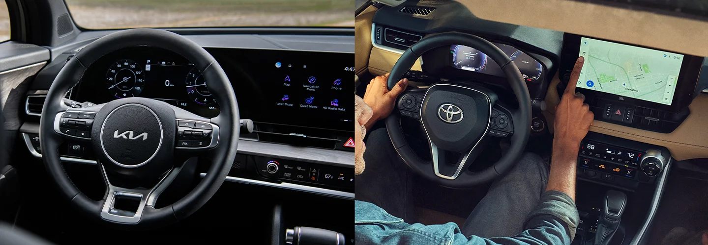 Side by side of the dashboard of a 2025 Kia Sportage and Toyota RAV4