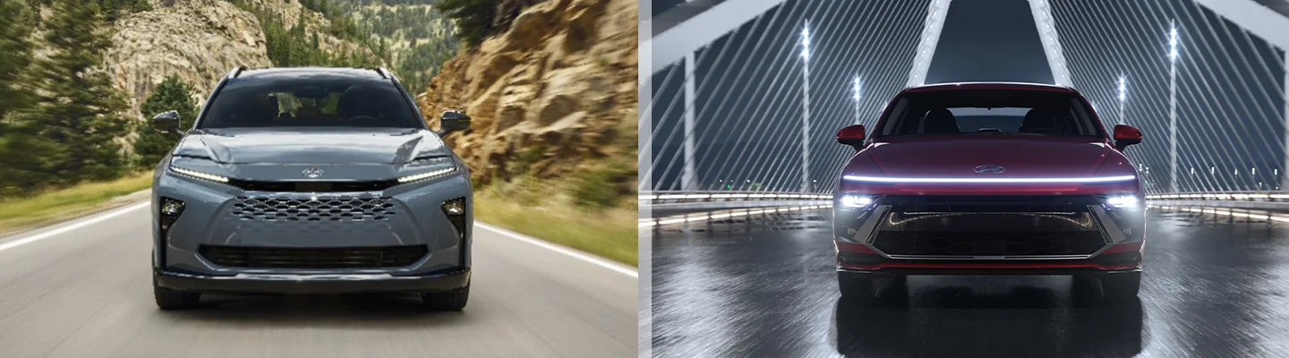 split image of a 2026 Toyota Crown and a Hyundai Sonata Hybrid