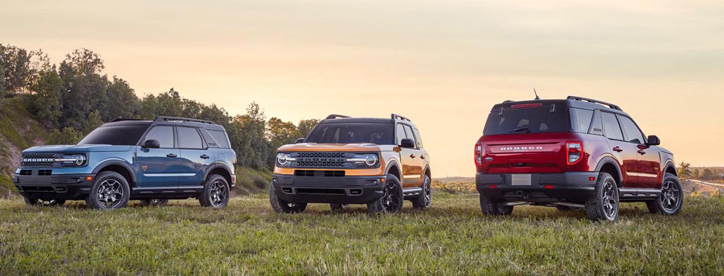 Three 2021 Ford Bronco Sports parked next to each other