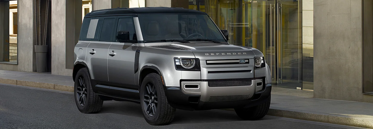 front view of a silver 2025 Defender