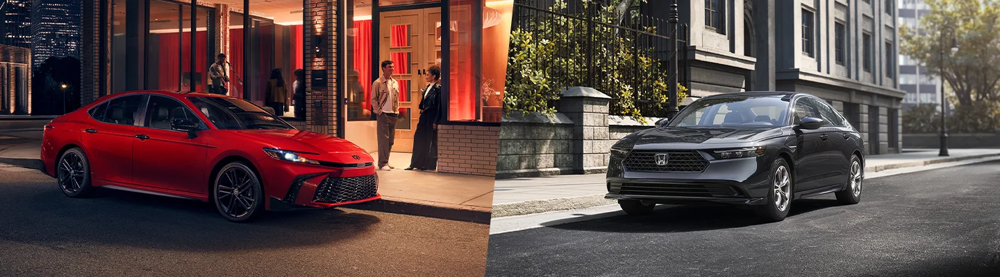 split image of a red 2026 Toyota Camry and a silver Honda Accord