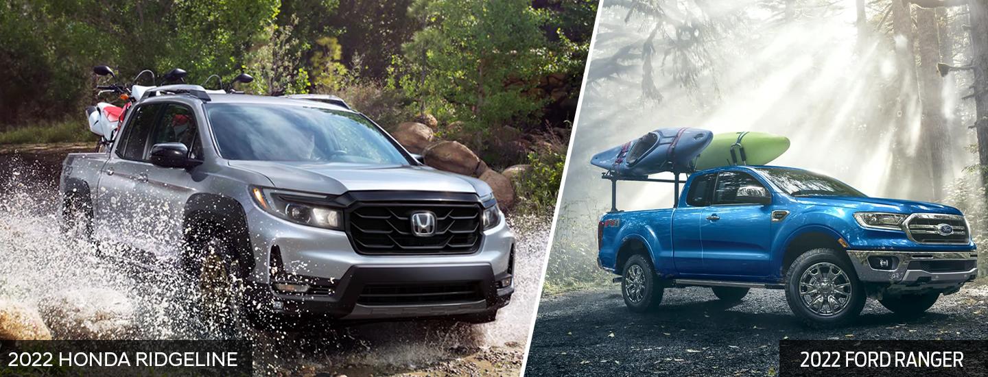 2022 Honda Ridgeline and Ford Ranger split image