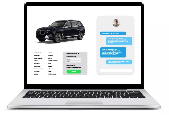 Laptop screen showing a red SUV above an online form on the left and a chat panel with user messages on the right.