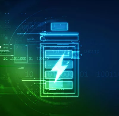 Electric vehicle battery charging graphic with digital energy and lightning icon