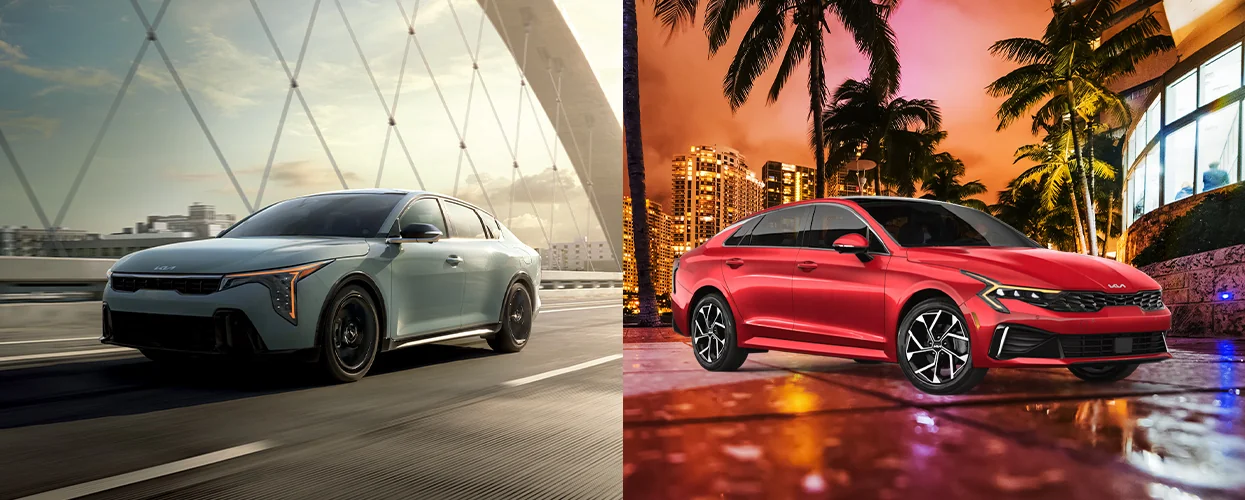 Side by side images of a Kia K5 and a K4