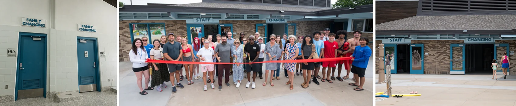 Photos of people opening the Water Park Bathhouse and Changing Facilities