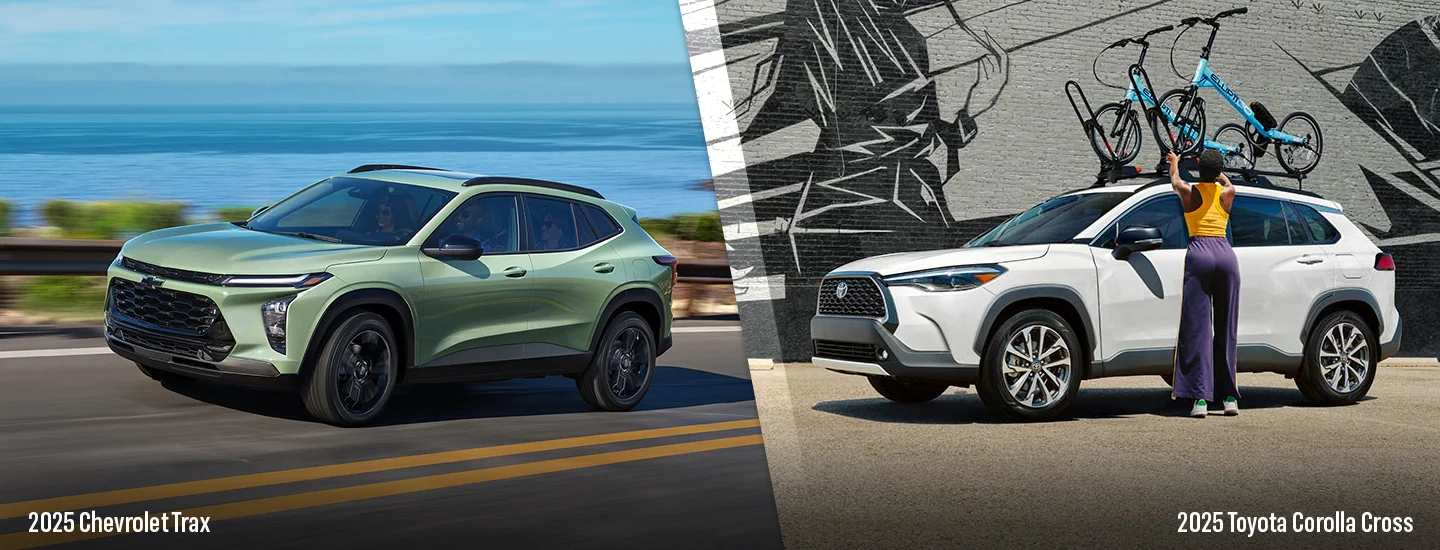 Side by side of a Chevrolet Trax and a Toyota Corolla Cross