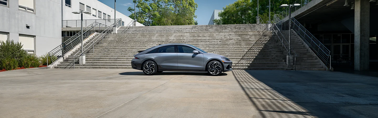 gray 2025 Hyundai IONIQ 6 parked with stairs