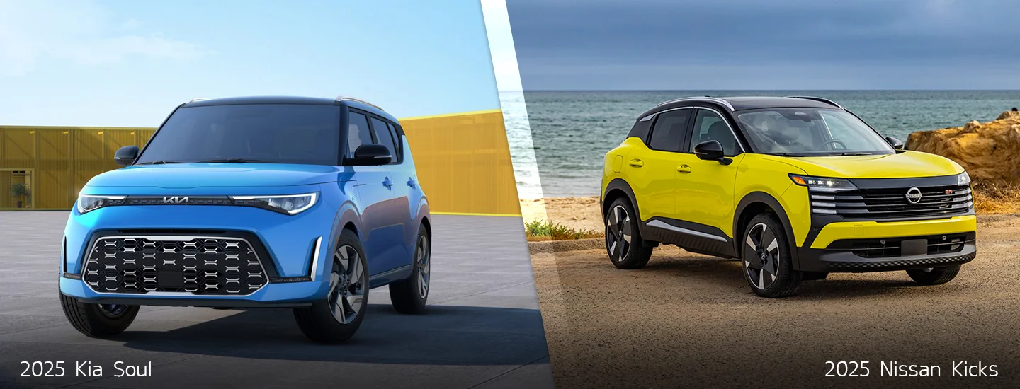 Side by side view of a 2025 Kia Soul and a Nissan Kicks