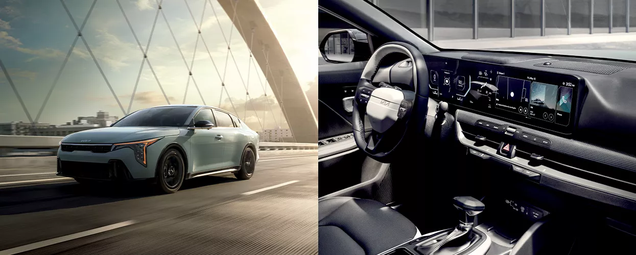 2026 Kia K4 Sedan exterior and 2026 Kia K4 Sedan interior image side by side