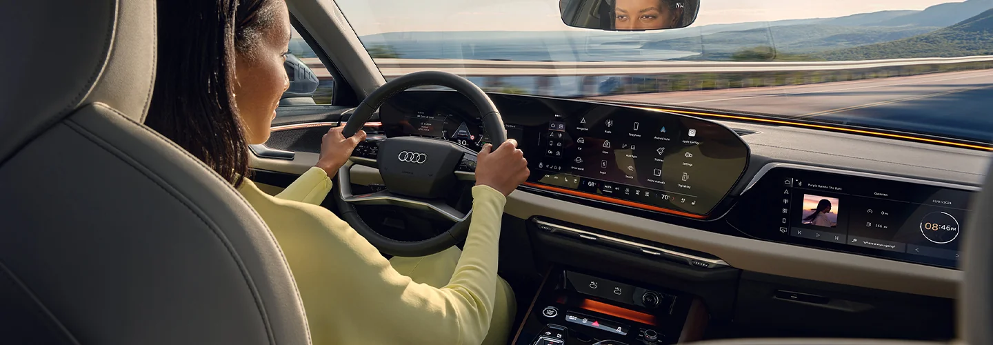 Interior view of the dashboard and tech of a 2025 Audi A5