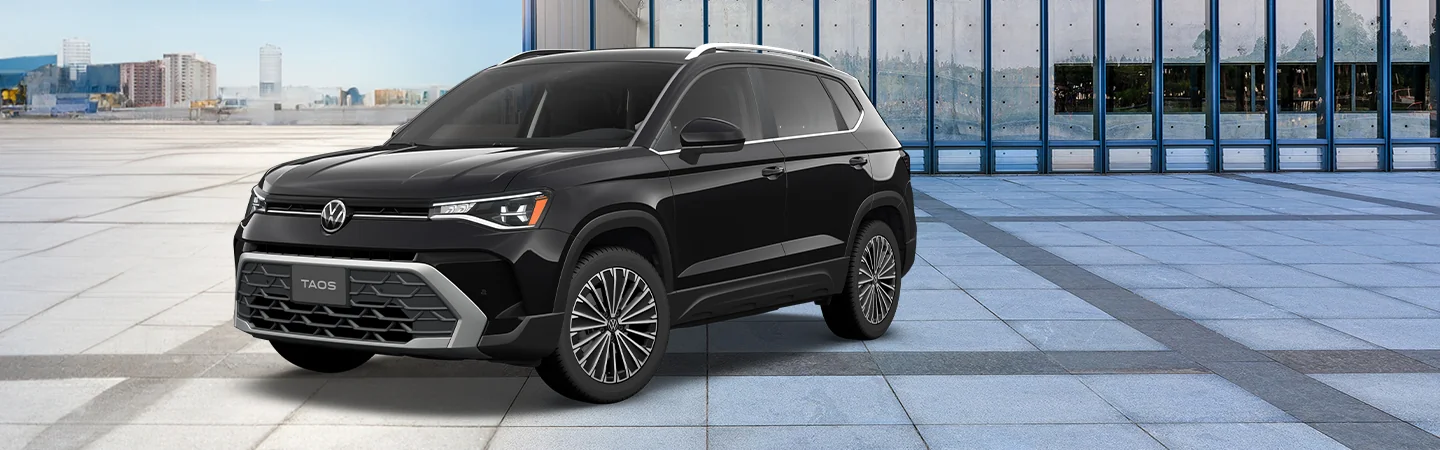 2025 Volkswagen Taos Specs Black color car standing front view