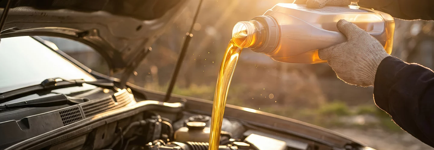 hand pouring fresh oil into crankcase