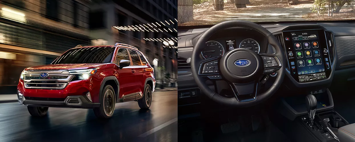 2026 Subaru Forester driving through a city and an interior picture of a 2026 Subaru Forester