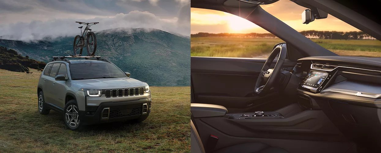 2026 Jeep Cherokee exterior and 2026 Jeep Cherokee interior images side by side