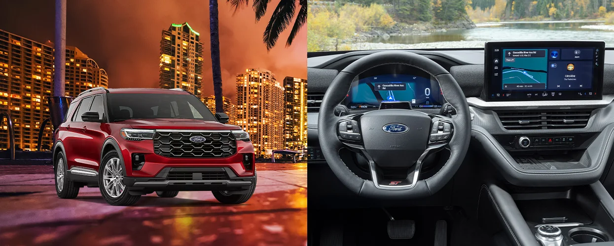 Side by side images of a Red parked Ford Explorer and a interior view of of the dashboard and tech of a ford SUV