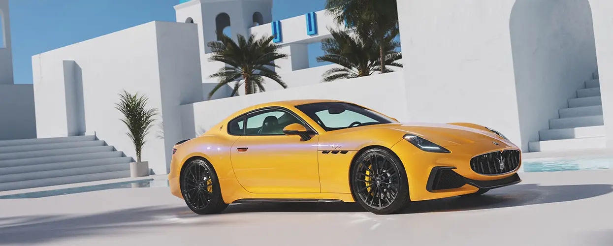 yellow Maserati parked at vacation cabana in Tampa area