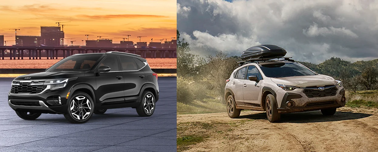 side by side iamages of a 2026 Kia Seltos and a Subaru Crosstrek