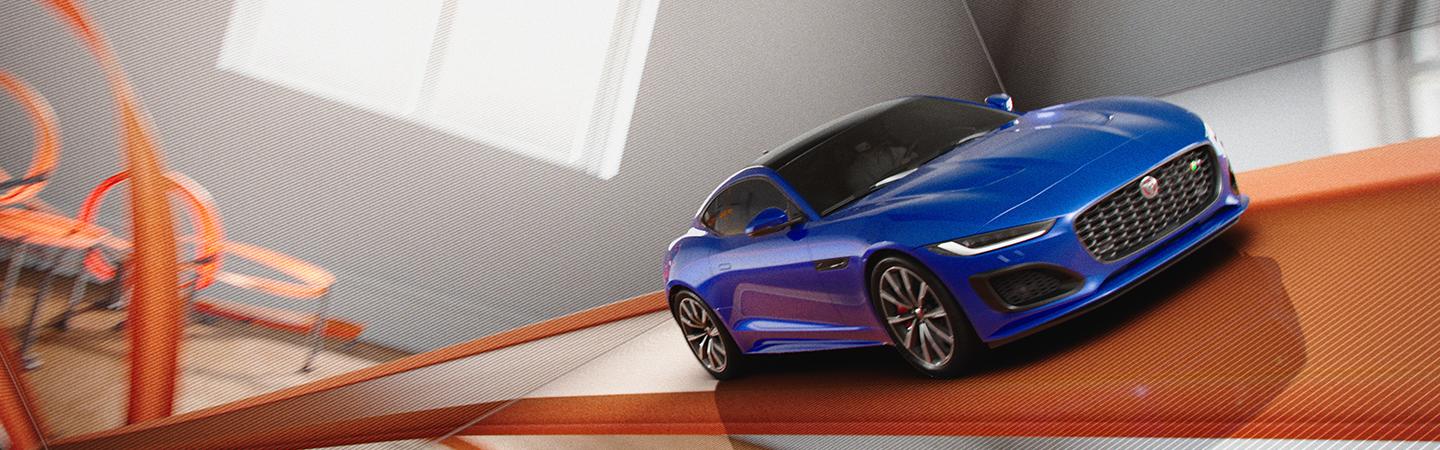 Blue 2022 Jaguar F-TYPE front view on hot wheels track