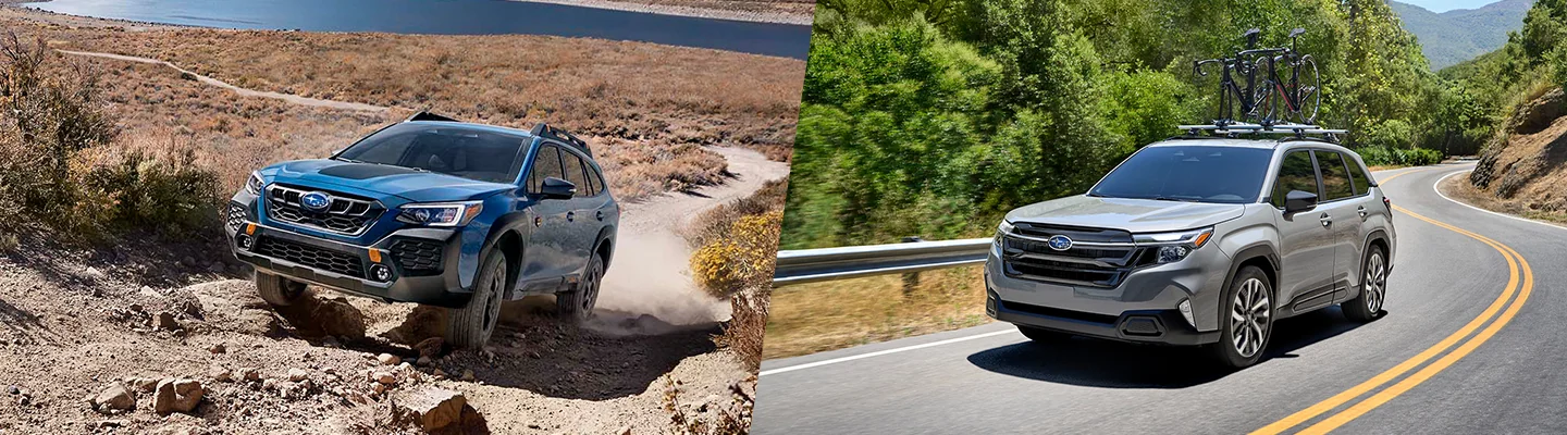 Side by side view of the Subaru Outback and Forester driving on roads in Tyler, TX