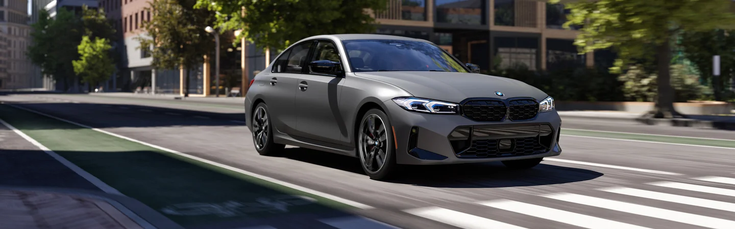 2025 BMW 3 Series Sedan gray front and side view