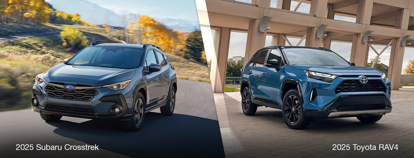 2025 Subaru Crosstrek Wilderness and a 2025 Toyota RAV4 Limited split image