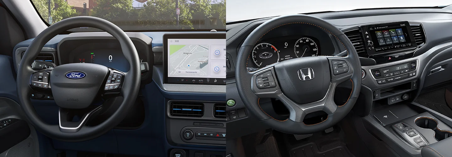 side by side Interior view of the dashboards of a 2025 Ford Maverick and a Honda Ridgeline