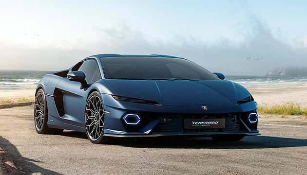 Blue Lamborghini Temerario parked along a coastal roadway
