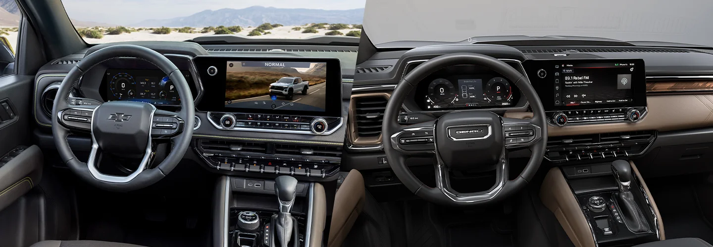 Side by side interior view of the 2025 Chevrolet Colorado and the 2025 GMC Canyon