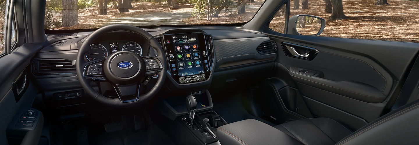 Interior view of the dashboard and tech of a 2026 Subaru Forester