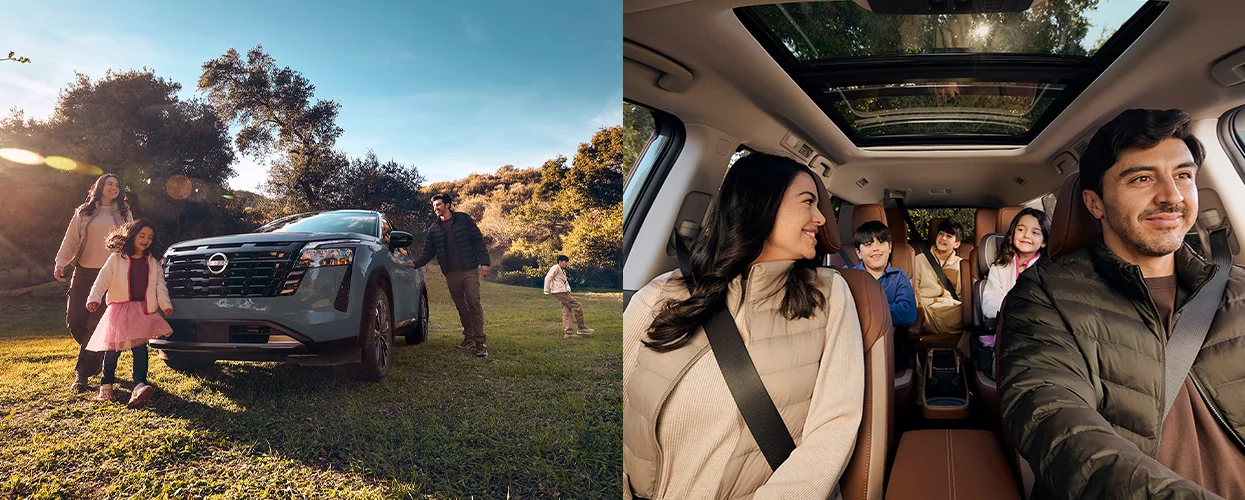 Two side by side images of a family enjoying there Nissan Vehicles