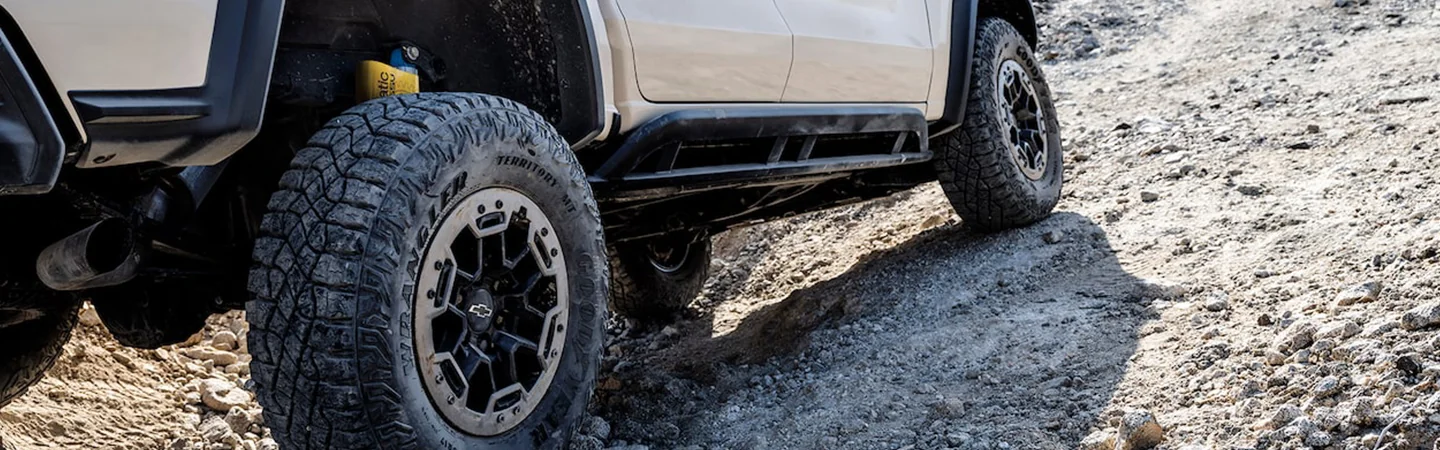 View of the tires of a lifted 2024 Chevrolet Colorado