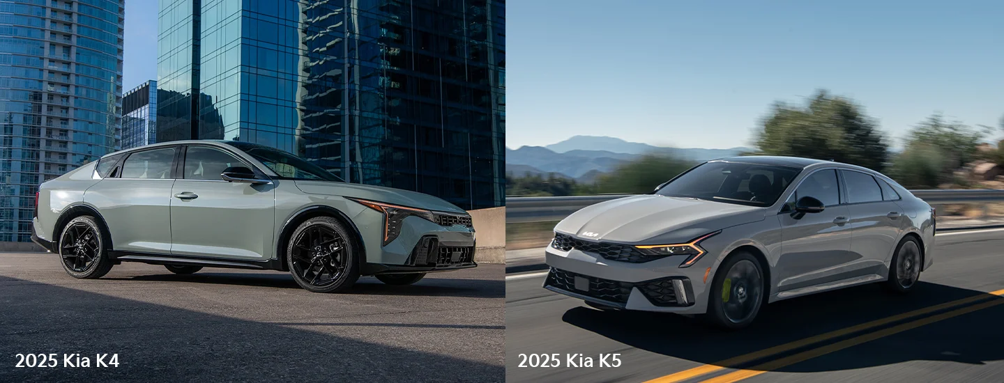 Side by side images of a 2025 Kia K4 vs K5