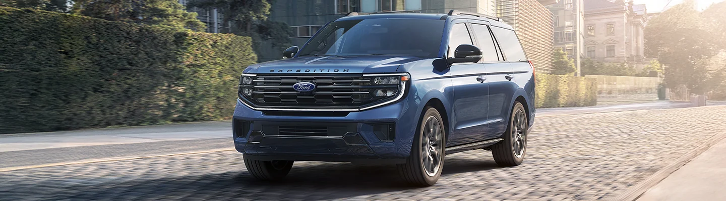 front view of a blue Ford Expediton