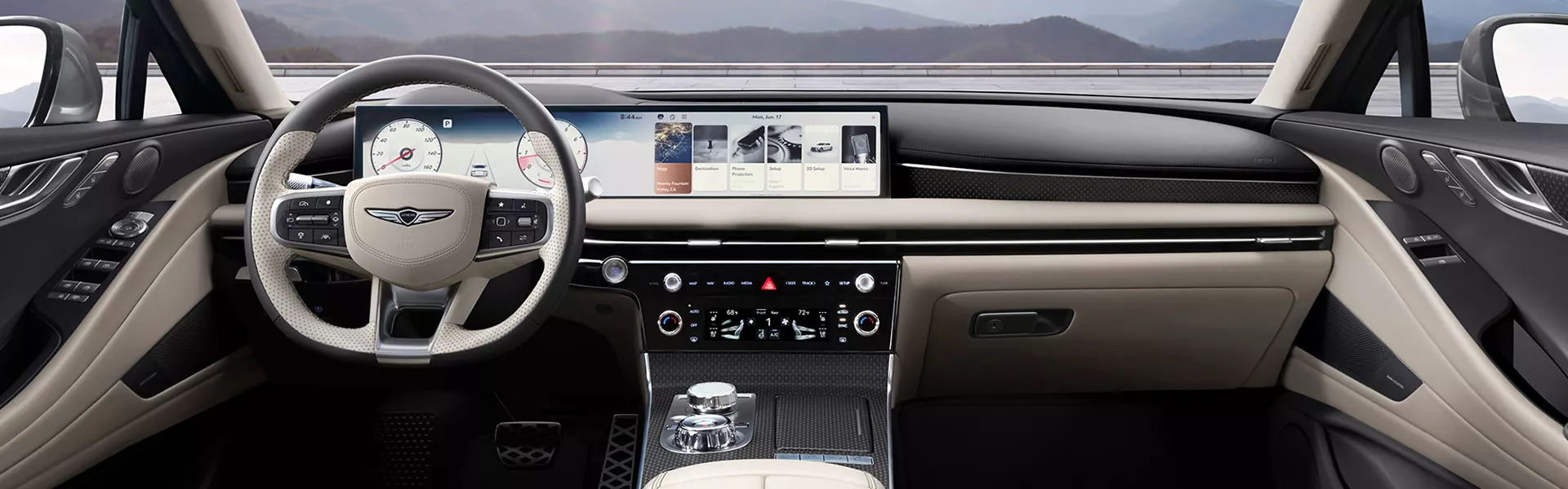 Interior view of the dashboard and tech of a 2027 Genesis G80