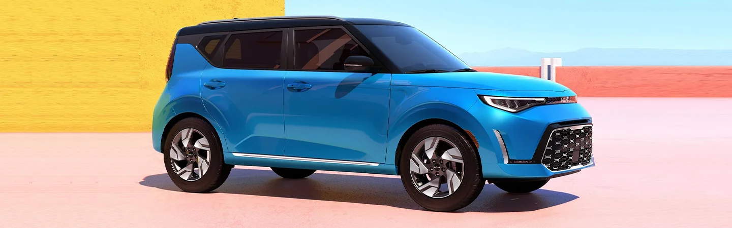 2024 Kia Soul Specs side front in blue