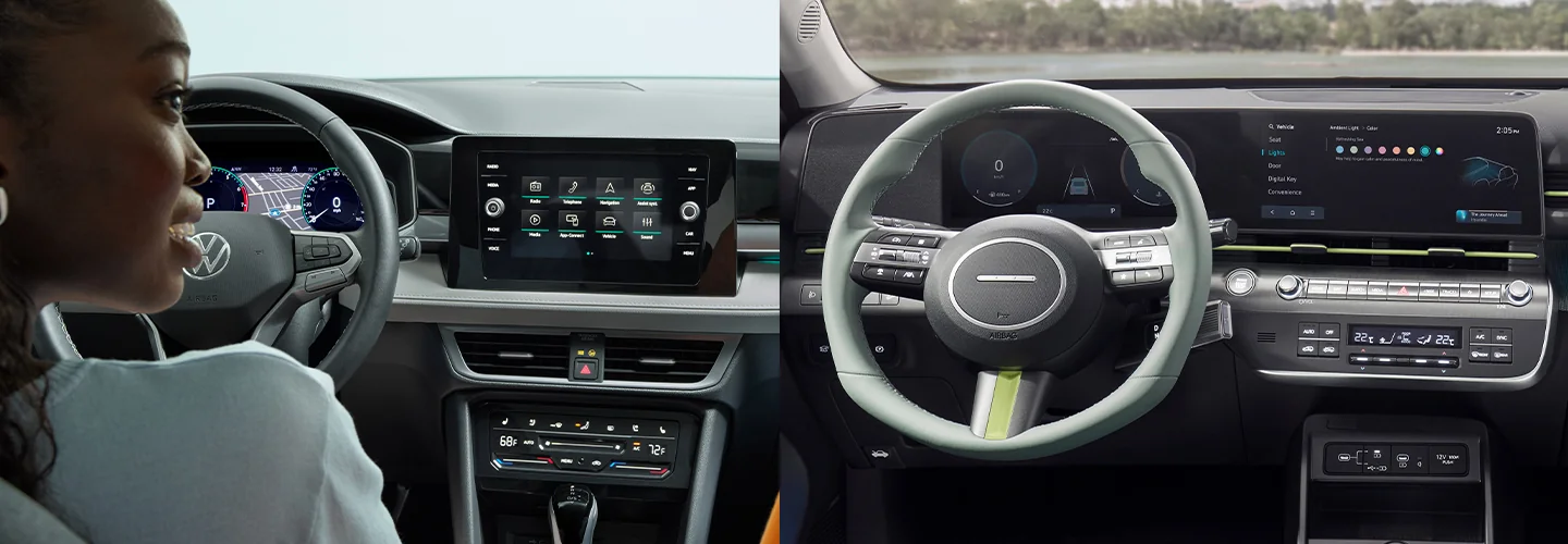 Side by side of the interior of 2025 Volkswagen Taos and Hyundai Kona