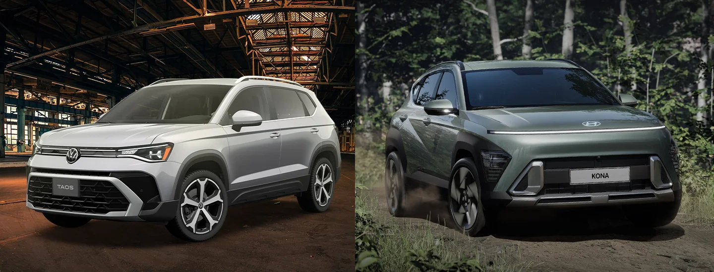 Side by side image of a 2025 Volkswagen Taos and Hyundai Kona