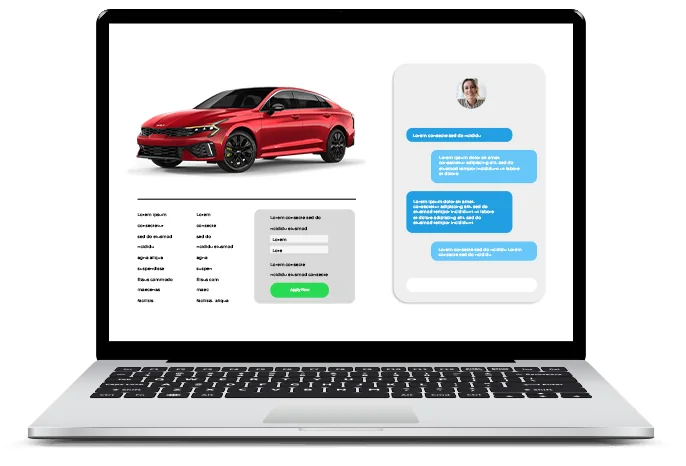 Laptop screen showing a red SUV above an online form on the left and a chat panel with user messages on the right.