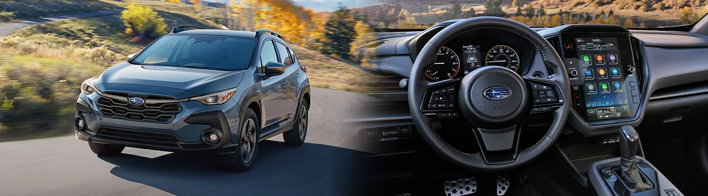 split image of front of a 2025 Subaru Crosstrek and interior dash in South Chesterfield VA