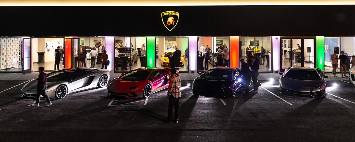 A luxurious Lamborghini supercar showroom in Las Vegas, highlighting an array of stunning vehicles in a contemporary space.