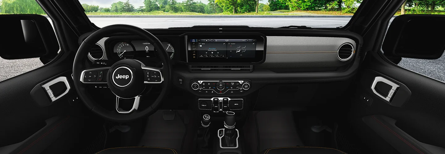 Interior of the front seat and dashboard of a 2025 Jeep Wrangler