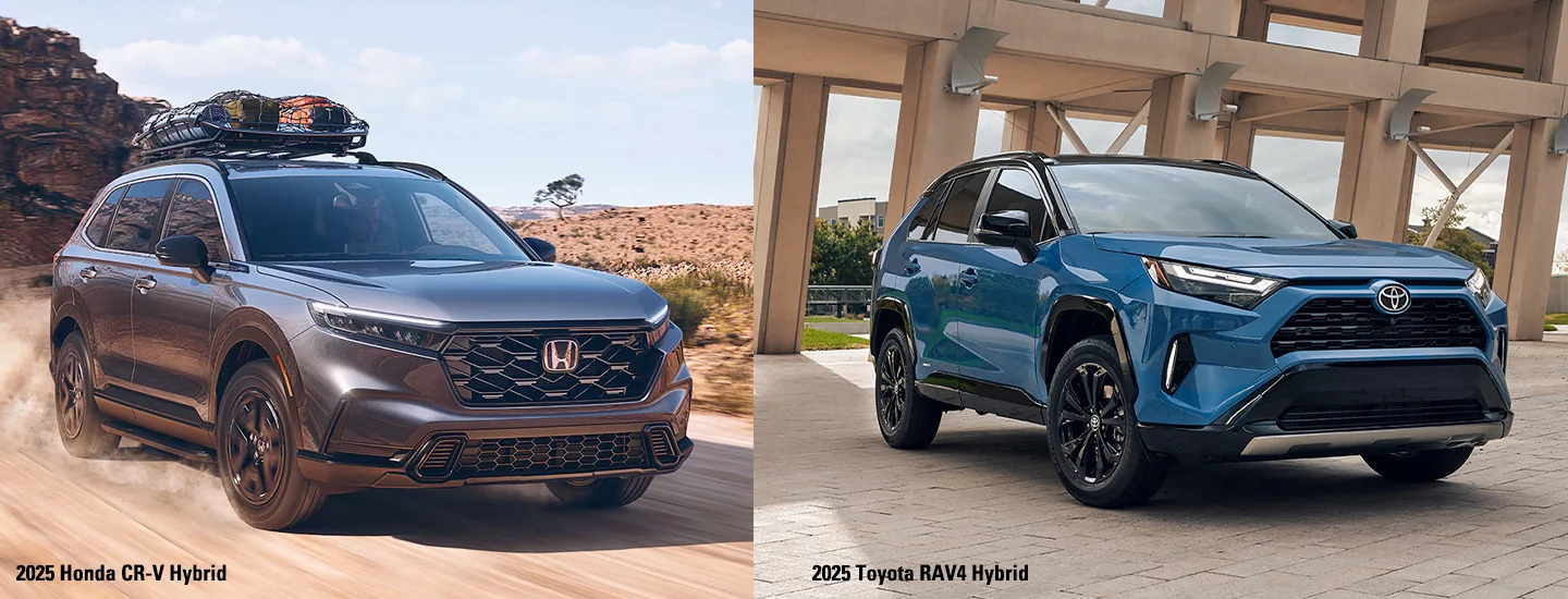 2025 Honda CR-V Hybrid Sport Touring and a Toyota RAV4 Hybrid split image