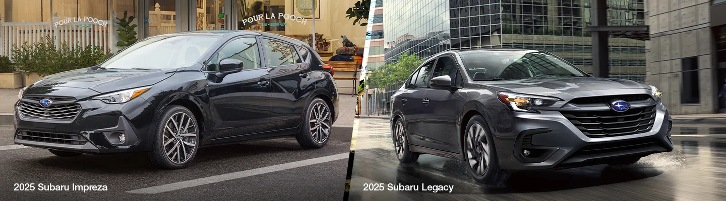 Side by side view of the Subaru Impreza and Legacy parked on city streets in Tyler, TX