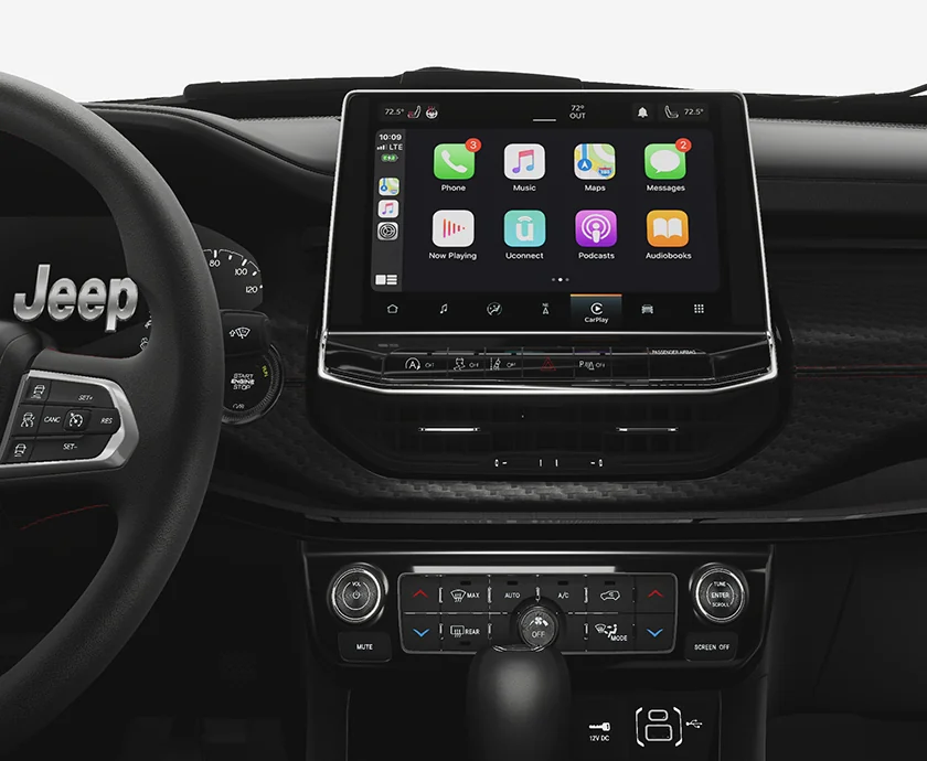 Close up of the dashboard tech of a 2026 Jeep Compass