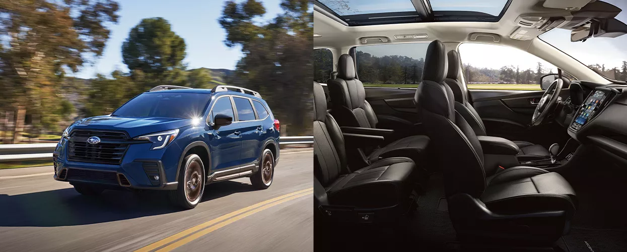2026 Subaru Ascent exterior and 2026 Subaru Ascent interior dashboard side by side image