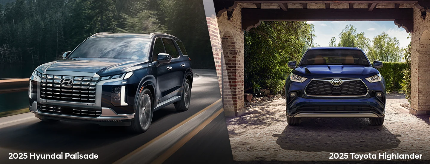 Side by side view of a 2025 Hyundai Palisade and a 2025 Toyota Highlander